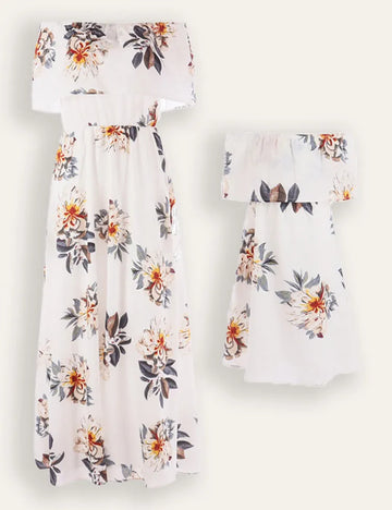 Mom&Me Off-Shoulder Flower Chiffon Dress